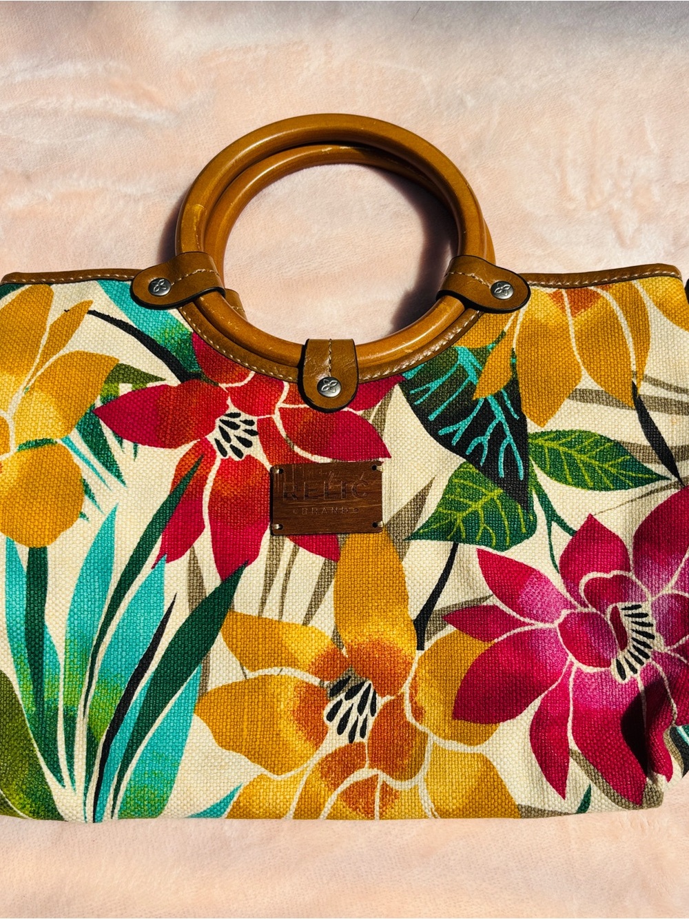 Relic | Multicolor Floral Canvas purse with Round Wooden Handles